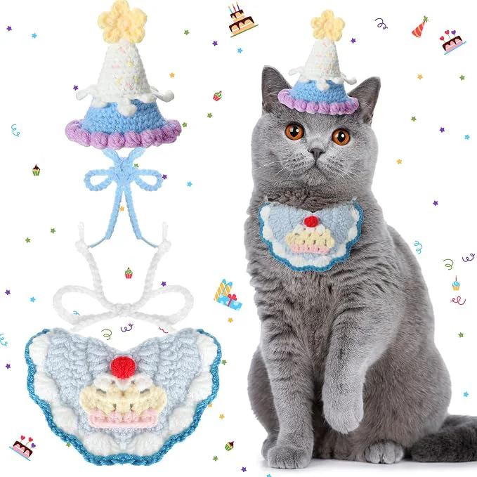 Luxury Sanwuta 2 Pcs Cat Birthday Party Supplies Knit Cat Hat Kitten Birthday Bib Sophisticated