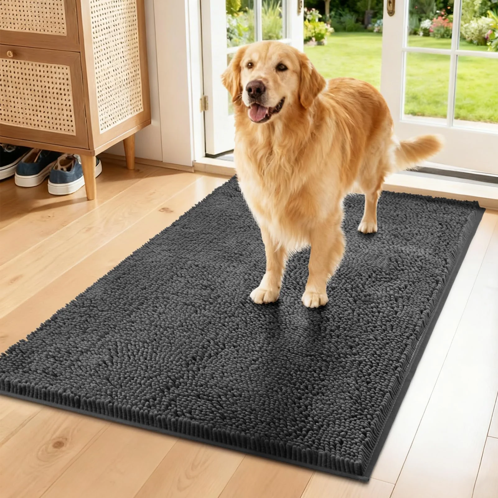 Solid Naturei Chenille Absorbent Front Door Mat 72x36 Grey — Non-Slip Indoor Outdoor Doormat Certified