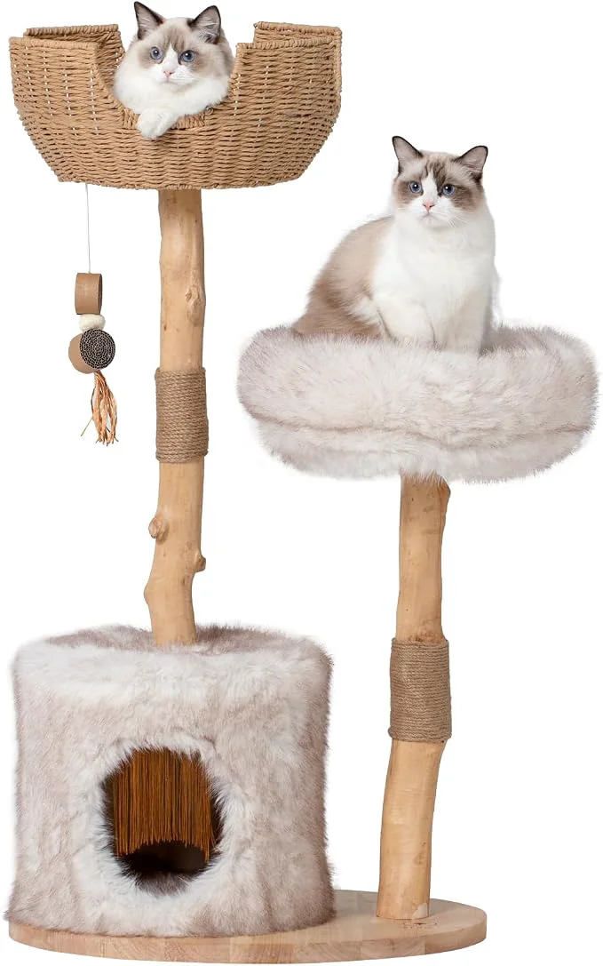 Clean Cat Tree Tower with Two Branches 44 INCH Wood Modern Cat Tower with User-Friendly