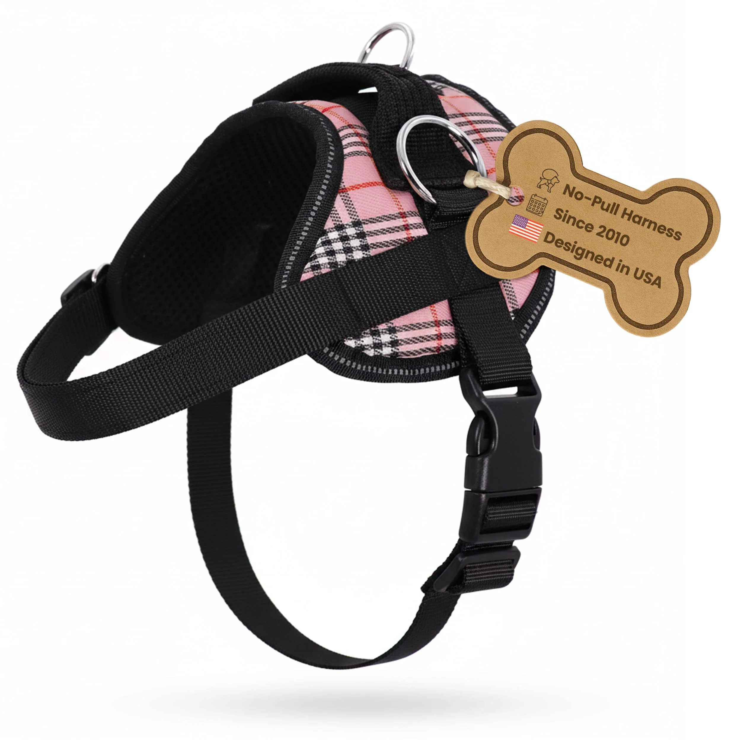 Fine Crafted Bark Appeal Pink Plaid No-Pull Harness – Adjustable Reflective Vest with 3 Clips Large Solid