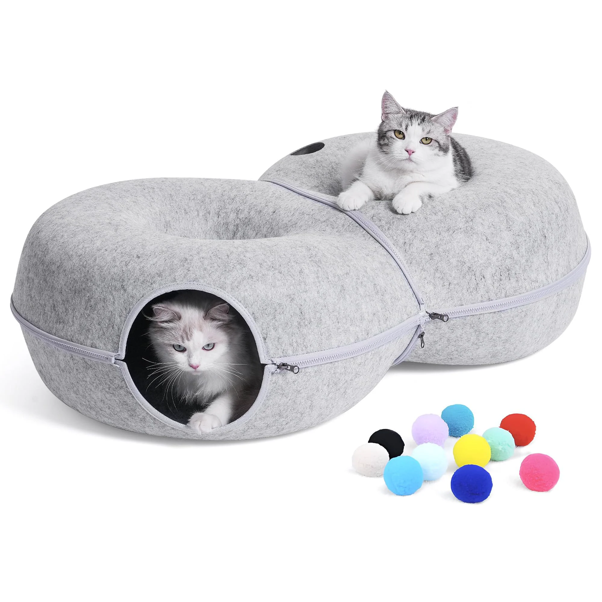 Trusted LovIntry 8-Shaped Large Cat Tunnel Bed – Cozy Donut Cave for Indoor Cats 38x24x11 in Light Grey with 12 Toy Balls Natural