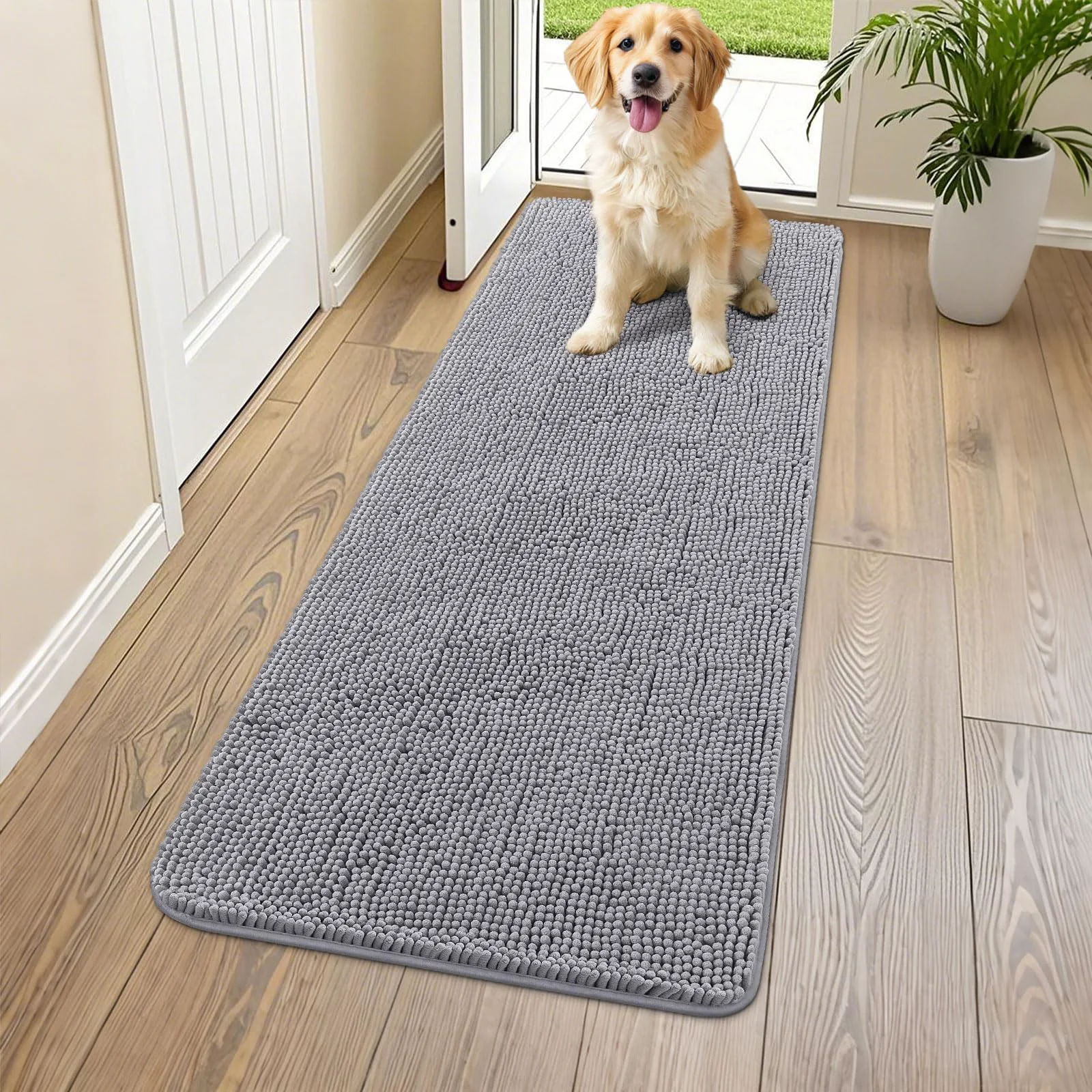 Fashionable Smiry Dog Door Mat 59x24 – Absorbs Moisture Dirt Non-Slip Chenille Door Mat Grey Healthy