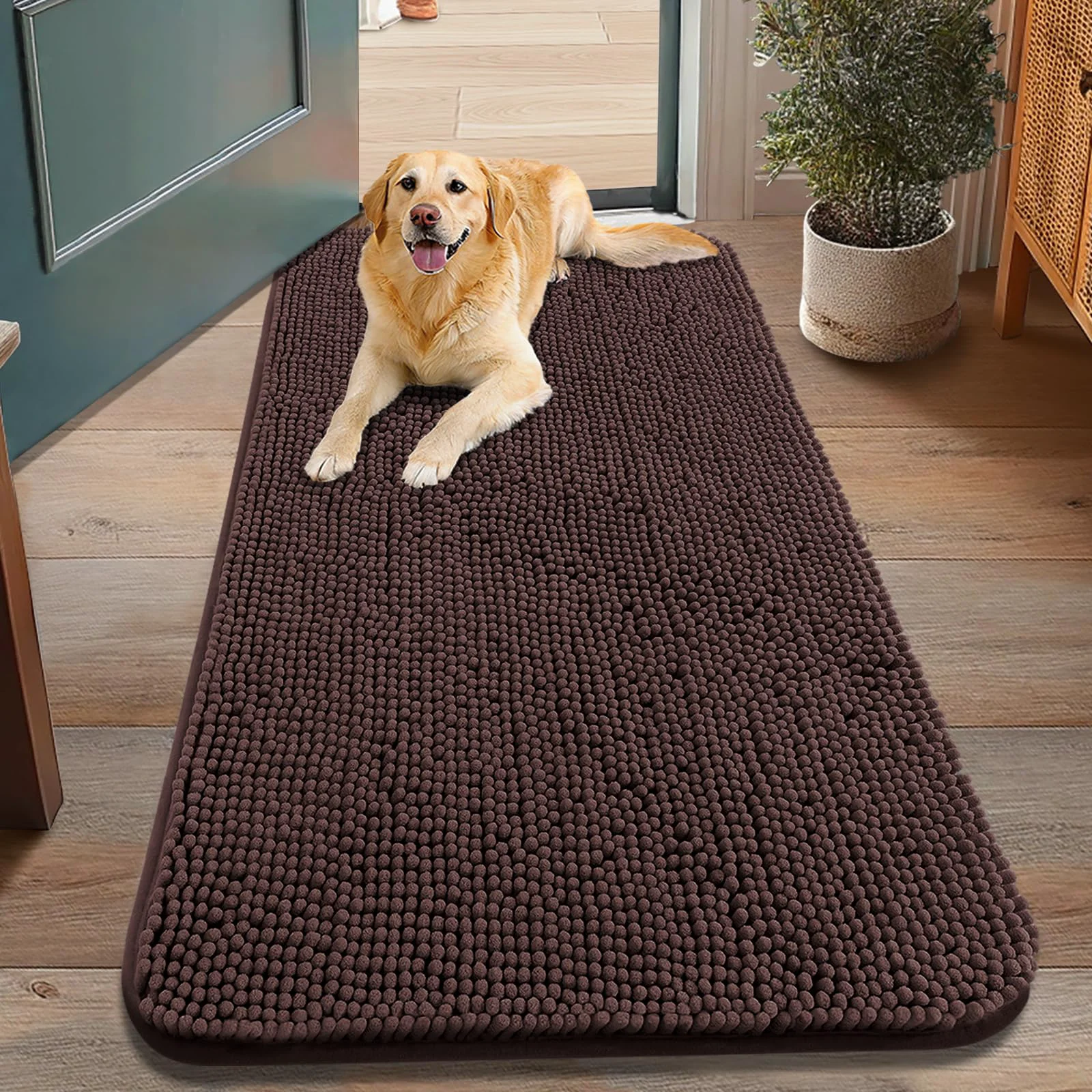 Comfortable Smiry Dog Door Mat 48x30 — Absorbs Moisture Dirt Non-Slip Chenille Entryway Mat Smooth