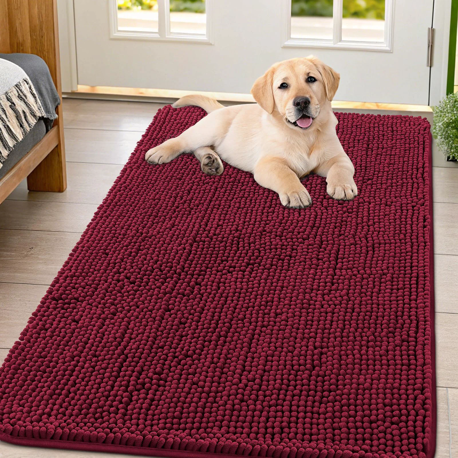 Secure Smiry Dog Door Mat for Muddy Paws 47x32 – Absorbs Moisture Dirt Non-Slip Washable Chenille Burgundy Sustainable