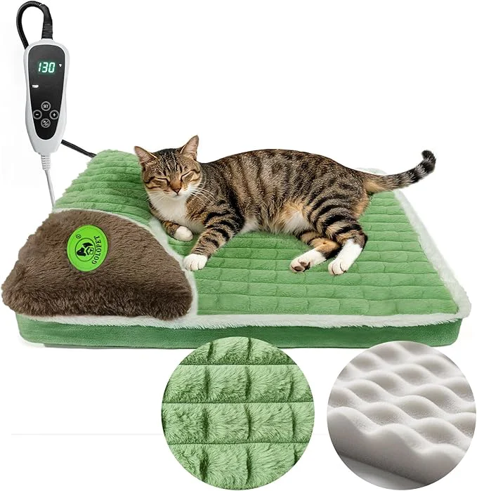 Traditional Heated Cat Bed Indoor Washable Bed Memory Foam Soft Dog Bed with Side Pillow Smart Temperature Control Switch Removable Cotton Sleeve Wash-Green Green 20 x 20 x 2 in About ThisOverview Luxury