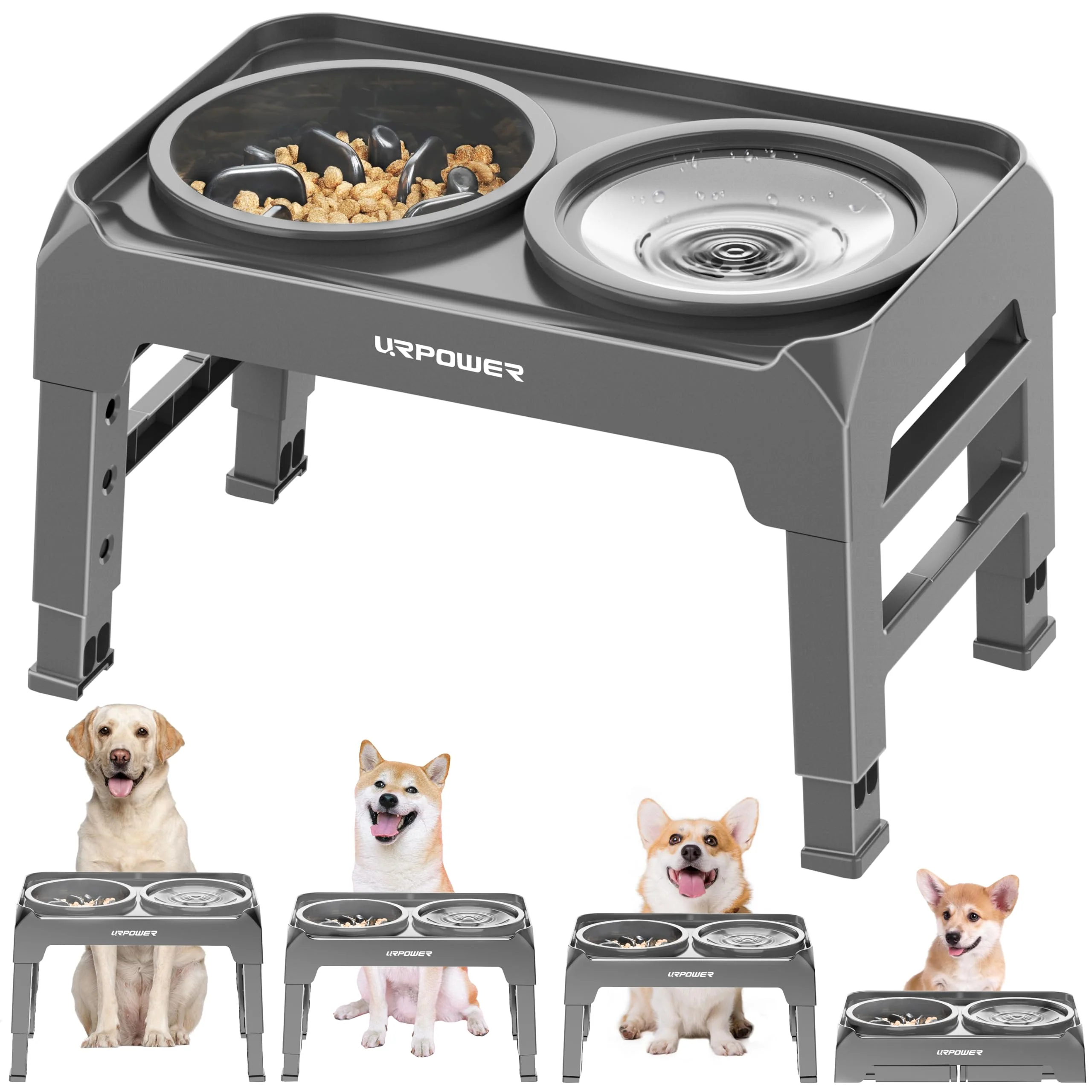 Modern URPOWER 2-in-1 d Dog Bowls — Mess-Proof Slow Feeder No-Spill Water Bowl 4-Height Adjustable Stylish