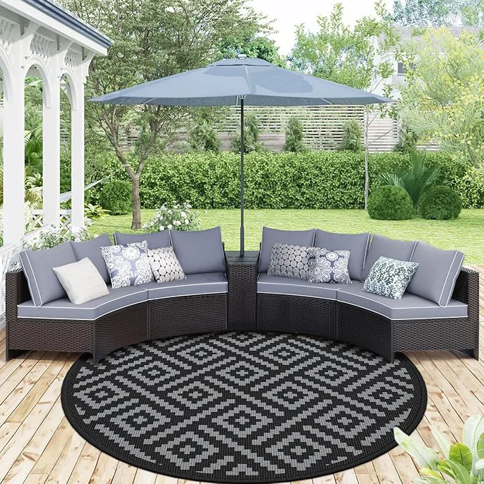 World-Class GENIMO 10' Round Outdoor Rug for Patios Reversible Plastic Straw Rugs Official