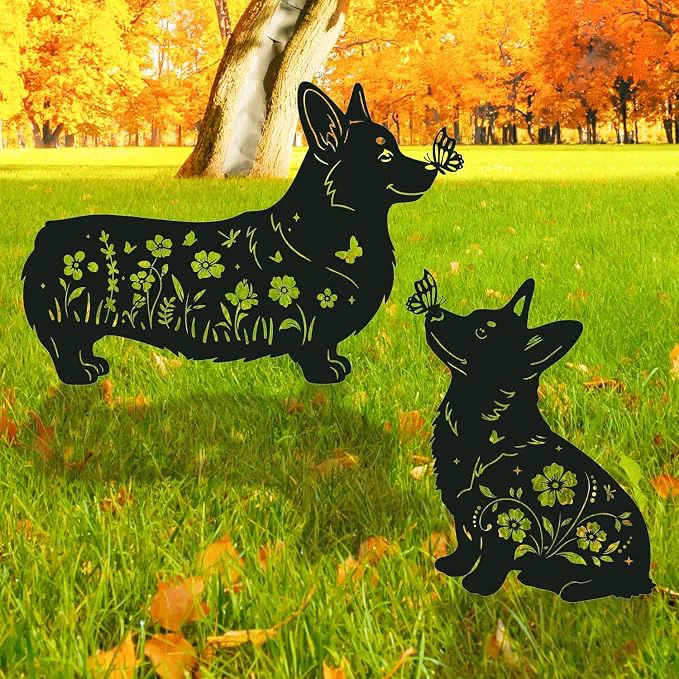 Prestigious Corgi Metal Garden Stakes Yard Decor Lawn Ornaments Dachshund Outdoor Reusable