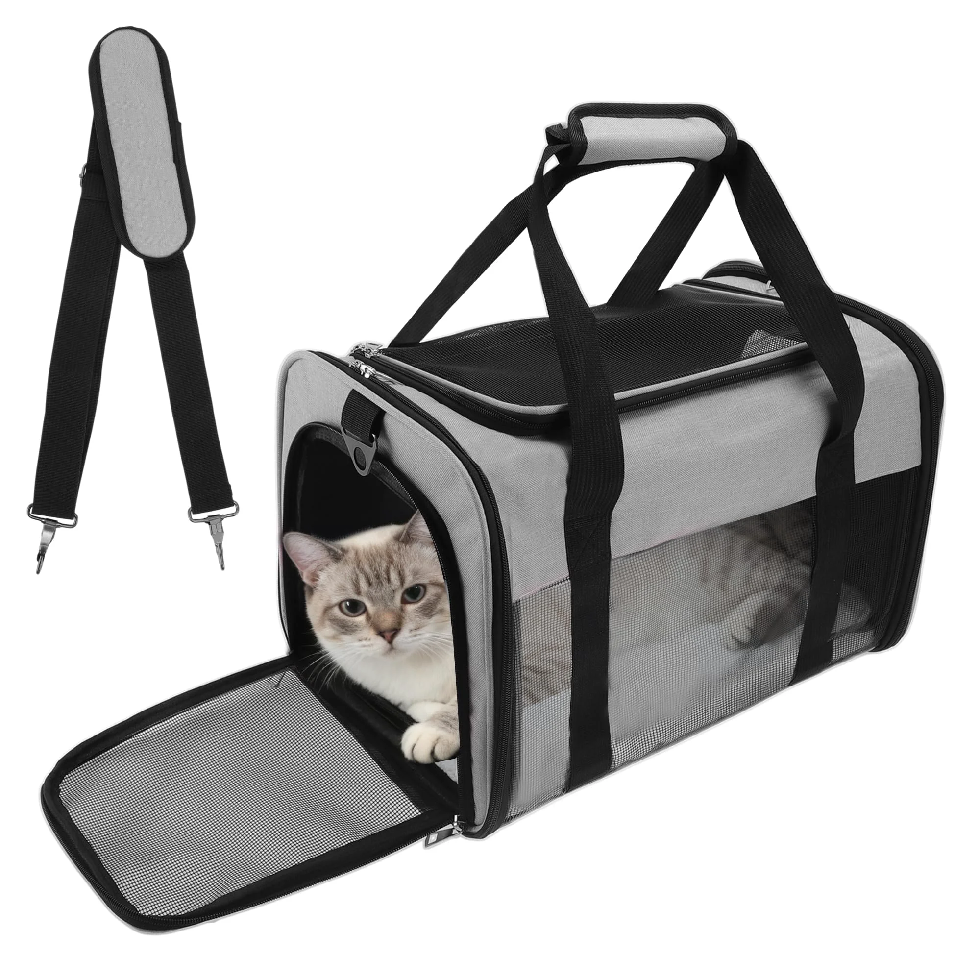Easy-to-Use RENEWREVITAL Pet Carrier – Breathable Mesh Design Soft Cat Carrier with Shoulder Strap Grey Solid