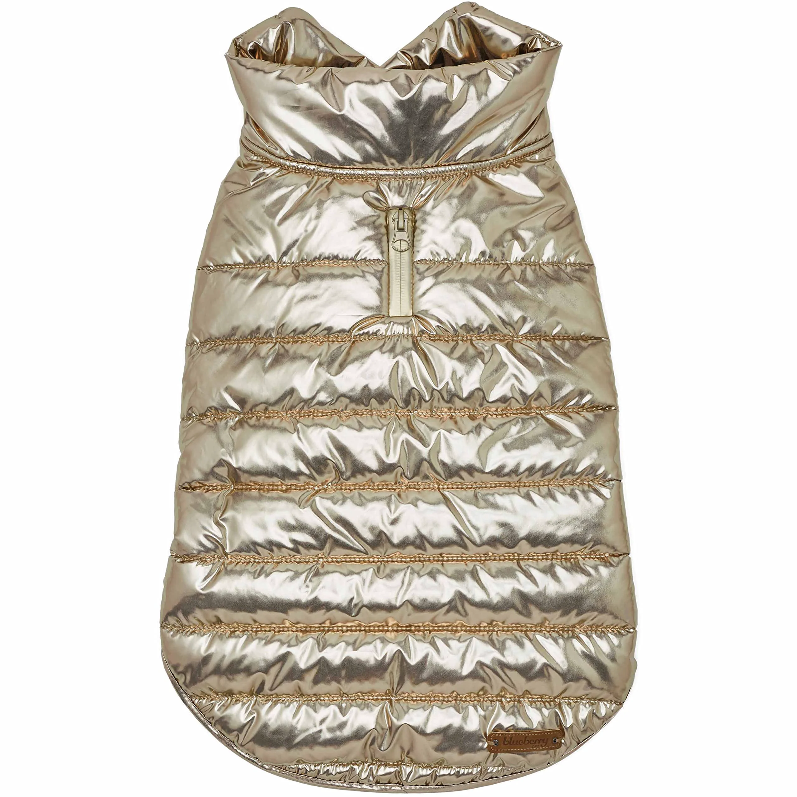 Reusable Blueberry Pet Cozy Windproof Quilted Fall Winter Glossy Puffer Jacket in Gold – Back Length 18.5 in Size 18 Large Dogs Pure