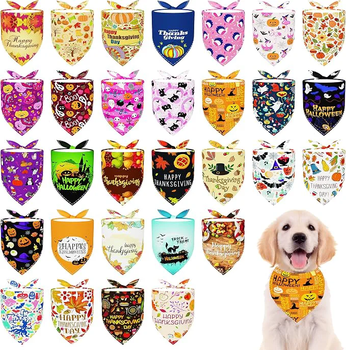 World-Class 30 Pcs Halloween Thanksgiving Dog Bandanas Bulk Stitch Dog Bandanas Elegant