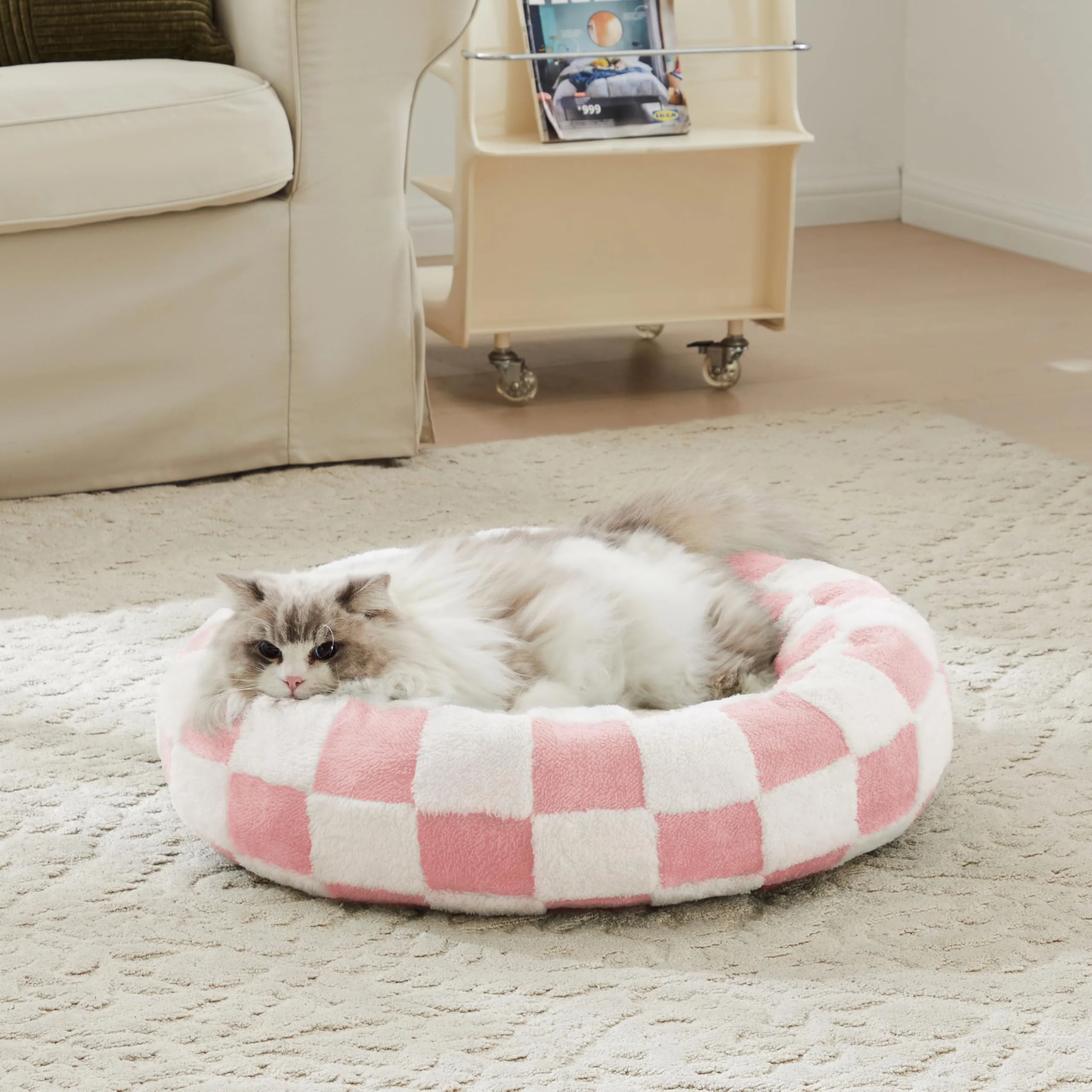 Efficient Ohocut Checkered Round Bed – Pink Donut Bed for Small Dogs Cats Plush Washable Pure