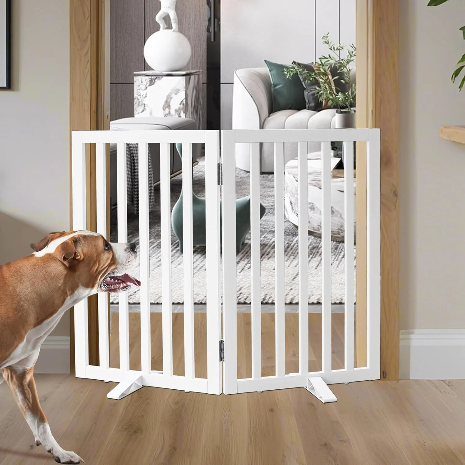 User-Friendly ZJSF standing Indoor Dog Gate for House Foldable Wood White Puppy Gate for Doorways Pet Gate for Stairs Extra Wide Pet Fence 32 Height 2 Panels Comfortable