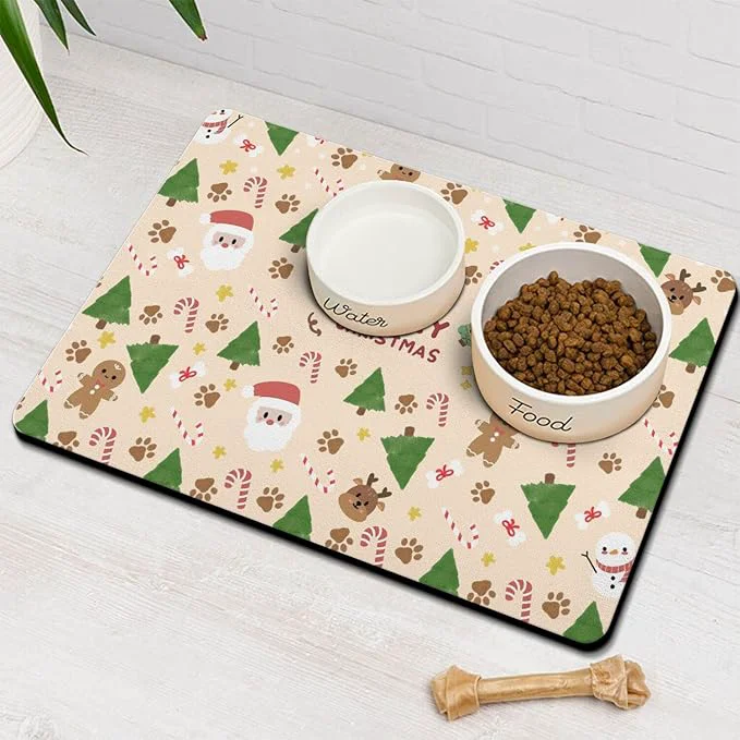 Premium Christmas Dog Food Water Mat Paw Prints Santa Claus Snowman Xmas Pet Feeding Trusted
