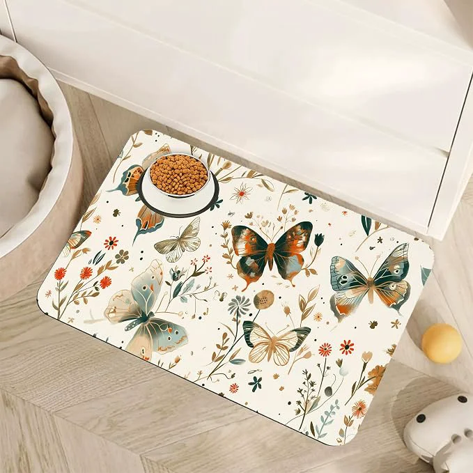 Superior Butterfly Dog Food Mat for Floors Boho Garden Vintage Absorbent Pet Food and Proven
