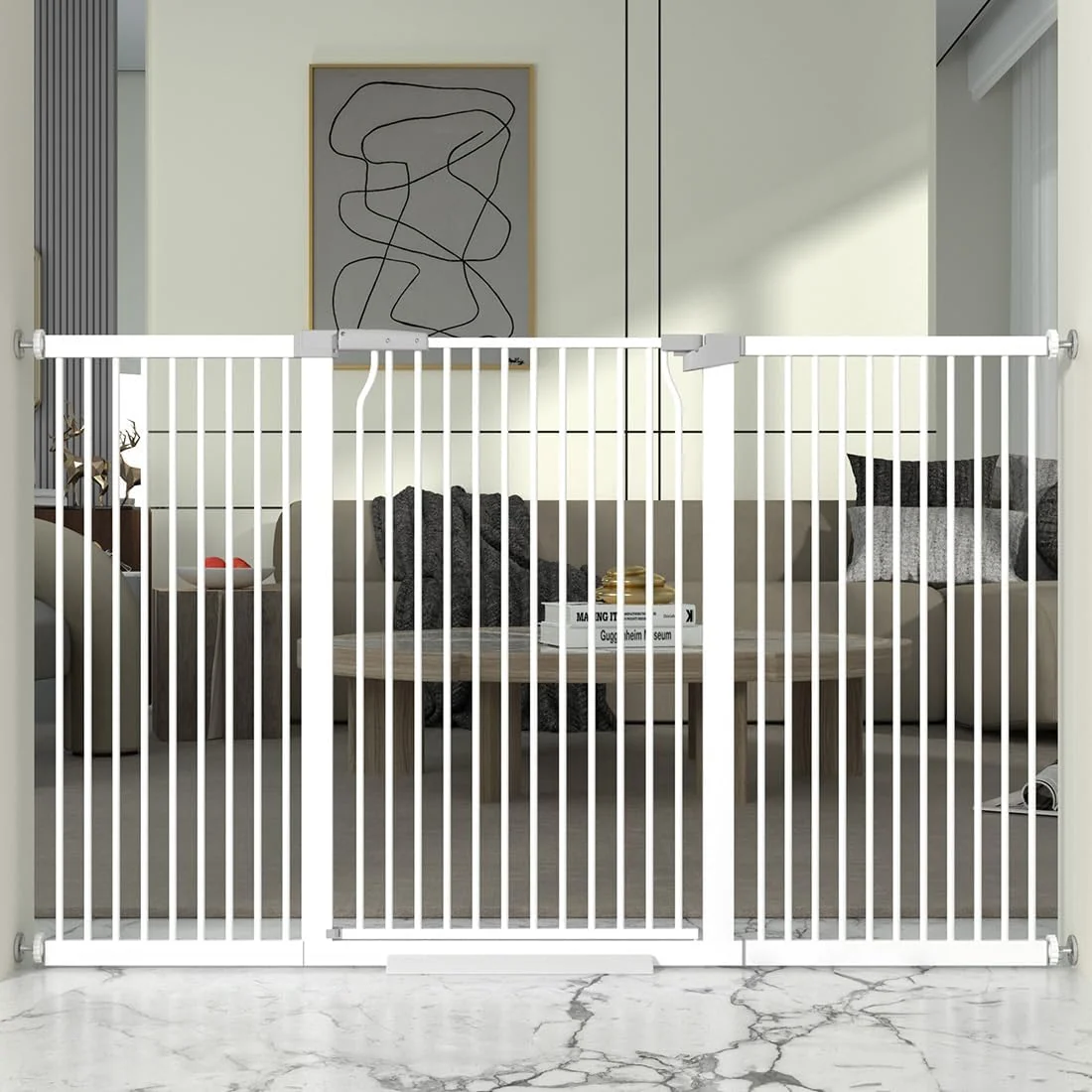 Elegant 41 Extra Tall and Wide Baby Gate 65.8-68.5'' Wide Pet Cat Gate for Doorway Extra Wide Pressure Mounted Child Door with Expansion Kit Metal Safe Gate Tall Dog Gate White Secure