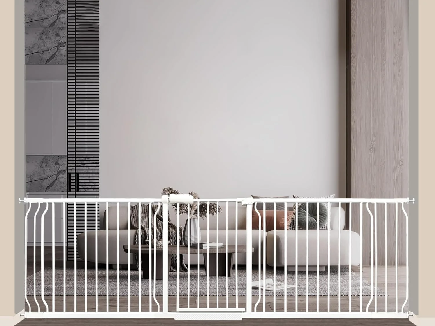 Expertly Made Extra Wide Baby Gate 85.8-104.5 Inch Pressure Mounted No Drilling for Stairs Doorways Metal White Indoor Safety Gate for Kids and Dogs Long-Lasting