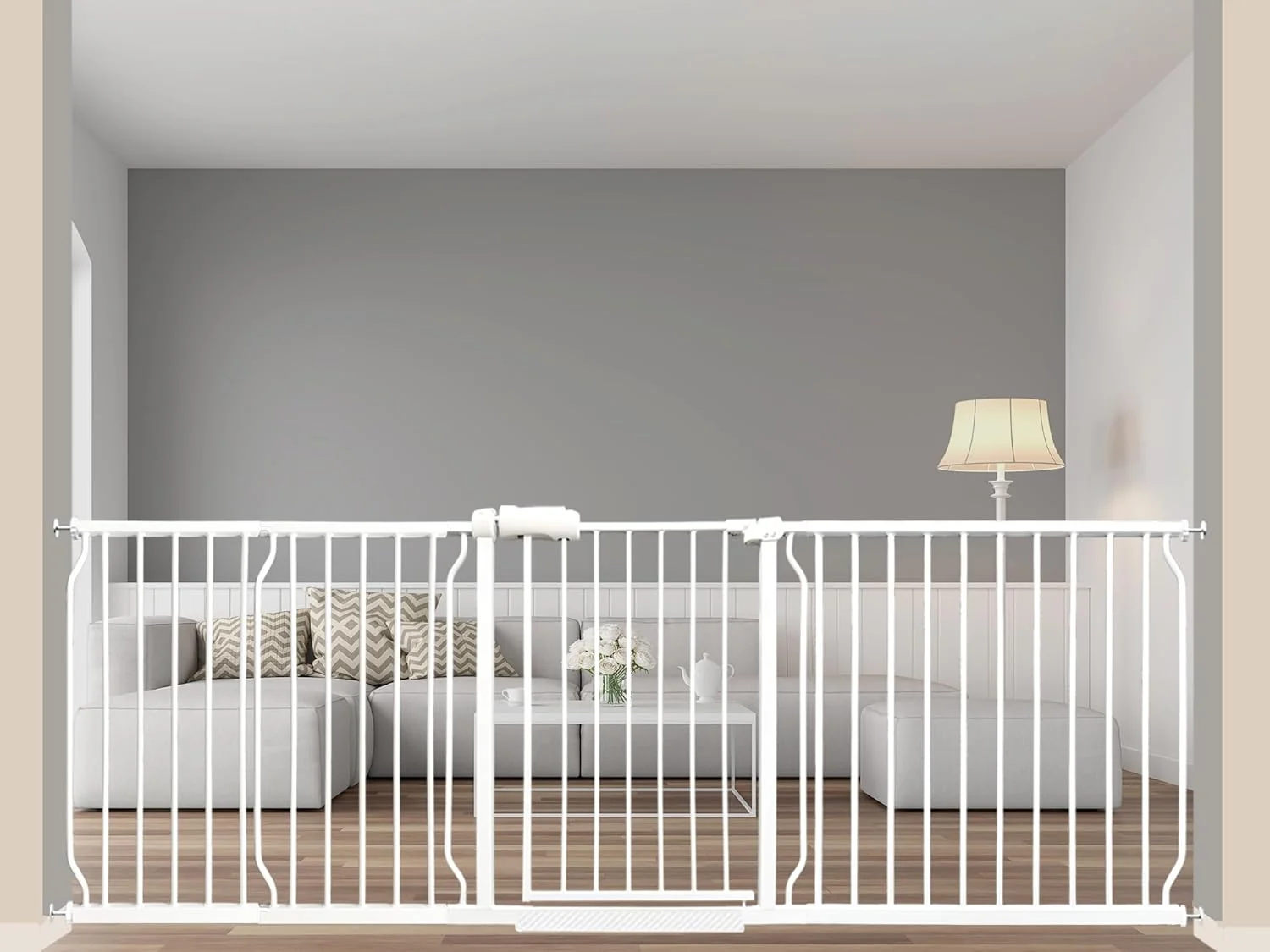 Superior Extra Wide Baby Gate 85.8-90.5 Inch Pressure Mounted No Drilling for Stairs Doorways Metal White Indoor Safety Gate for Kids and Dogs Original