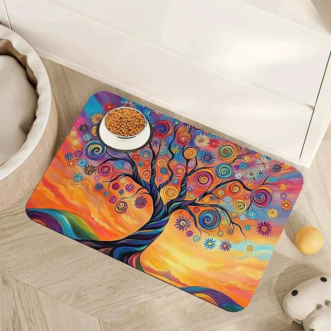Efficient Abstract Tree Flowers Dog Food Mat Minimalist
