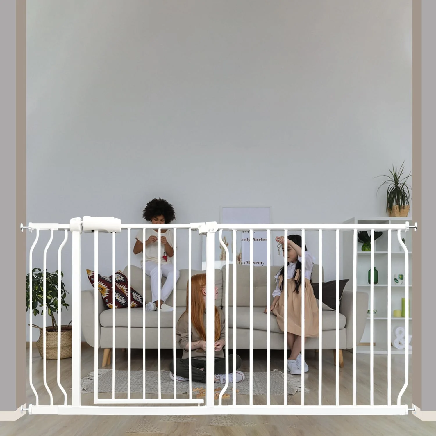 Prestigious Extra Wide Baby Dog Gate 62-67 Inch Pressure Mounted No Drilling Adjustable Indoor Safety Gate for Stairs Wide Doorways - Metal Design for Kids and Pets White Outstanding