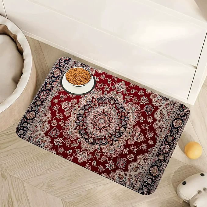 Enhanced Vintage Carpet Boho Pet Feeding Mat Absorbent Quick-Dry Cat Dog Food and Water Easy-to-Use