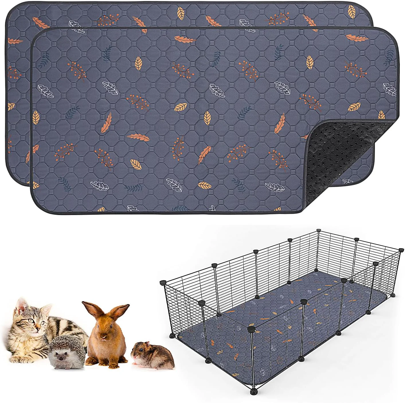 Relaxed Sunheir 2 Pack Washable Guinea Pig Pee Pads 24 x 48 Waterproof Reusable Guinea Pig Cage Liners Absorbent Bedding Training Mat for Small Animal Guinea Pigs Rabbit Bunny Hamster Leaves - Deep Grey Elite