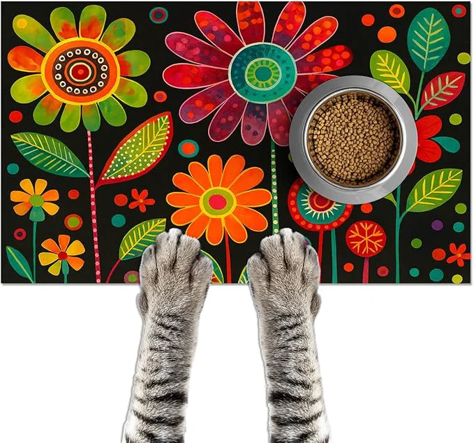 Prestigious Vibrant Flower Pattern Pet Food Mat Spill-Proof Cat Feeding Mats Non-Slip Mat Classic