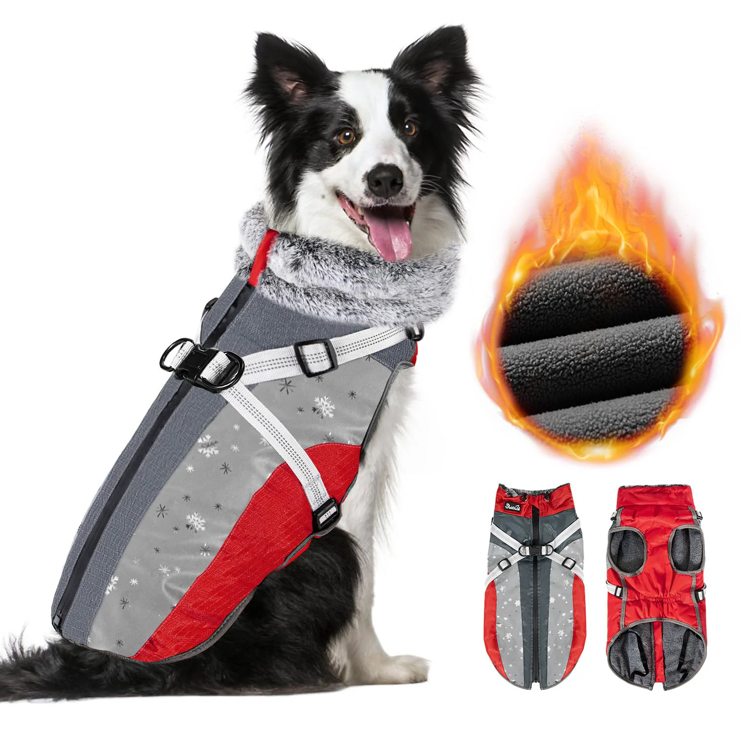 Casual SlowTon Dog Jacket with Built-in Harness – Waterproof Fleece Winter Coat for Small to XL Dogs Red Black Official