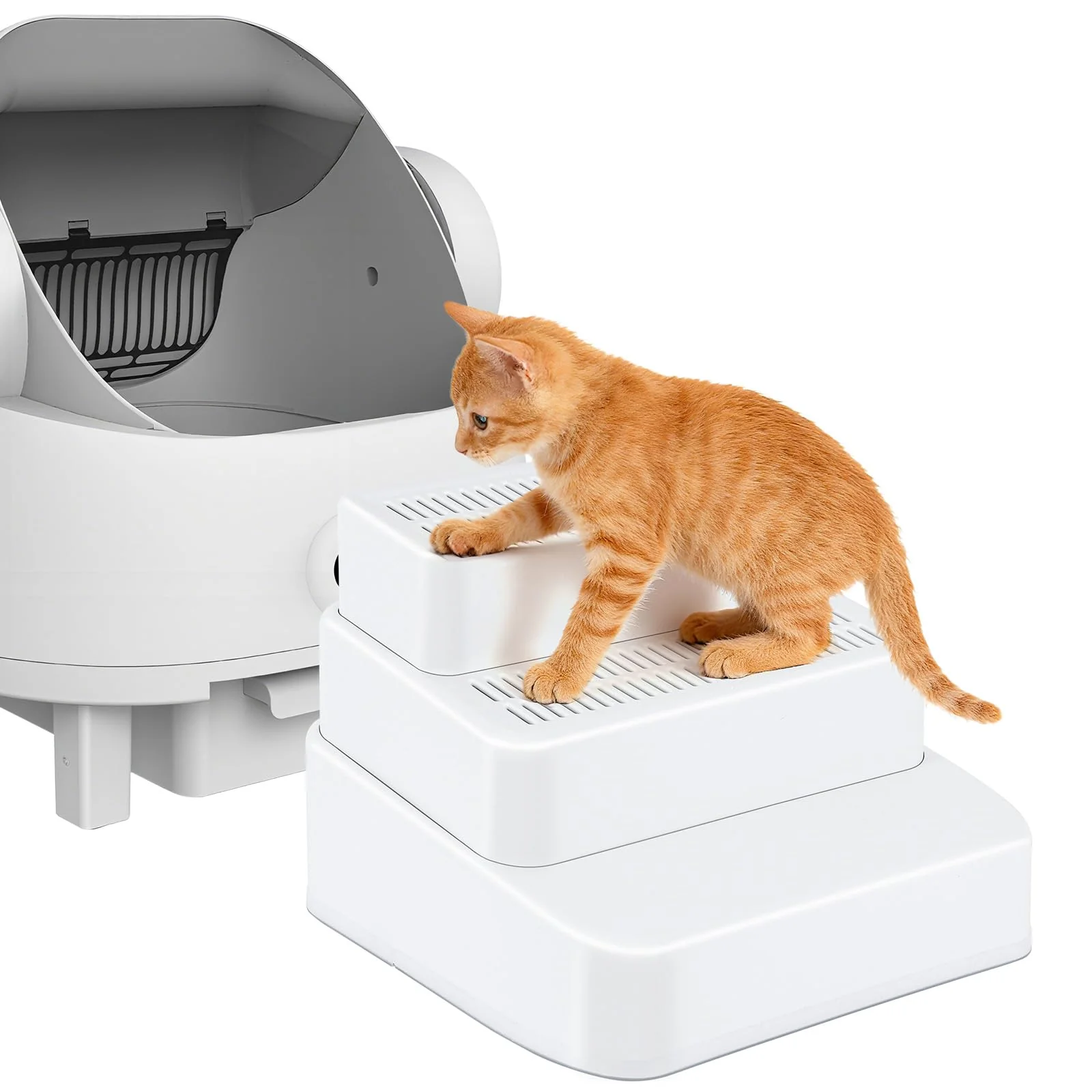 Unique Himake Adjustable 3-Step Litter Box Ramp with Litter Trapper – Fits Automatic Boxes White Specialty