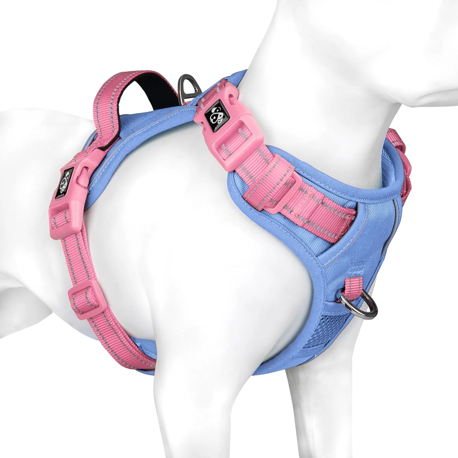 Carefully Designed PHOEPET No Pull Dog Harness – Reflective Adjustable Vest with Soft Training Handle Baby Blue Base Pink Straps Recyclable
