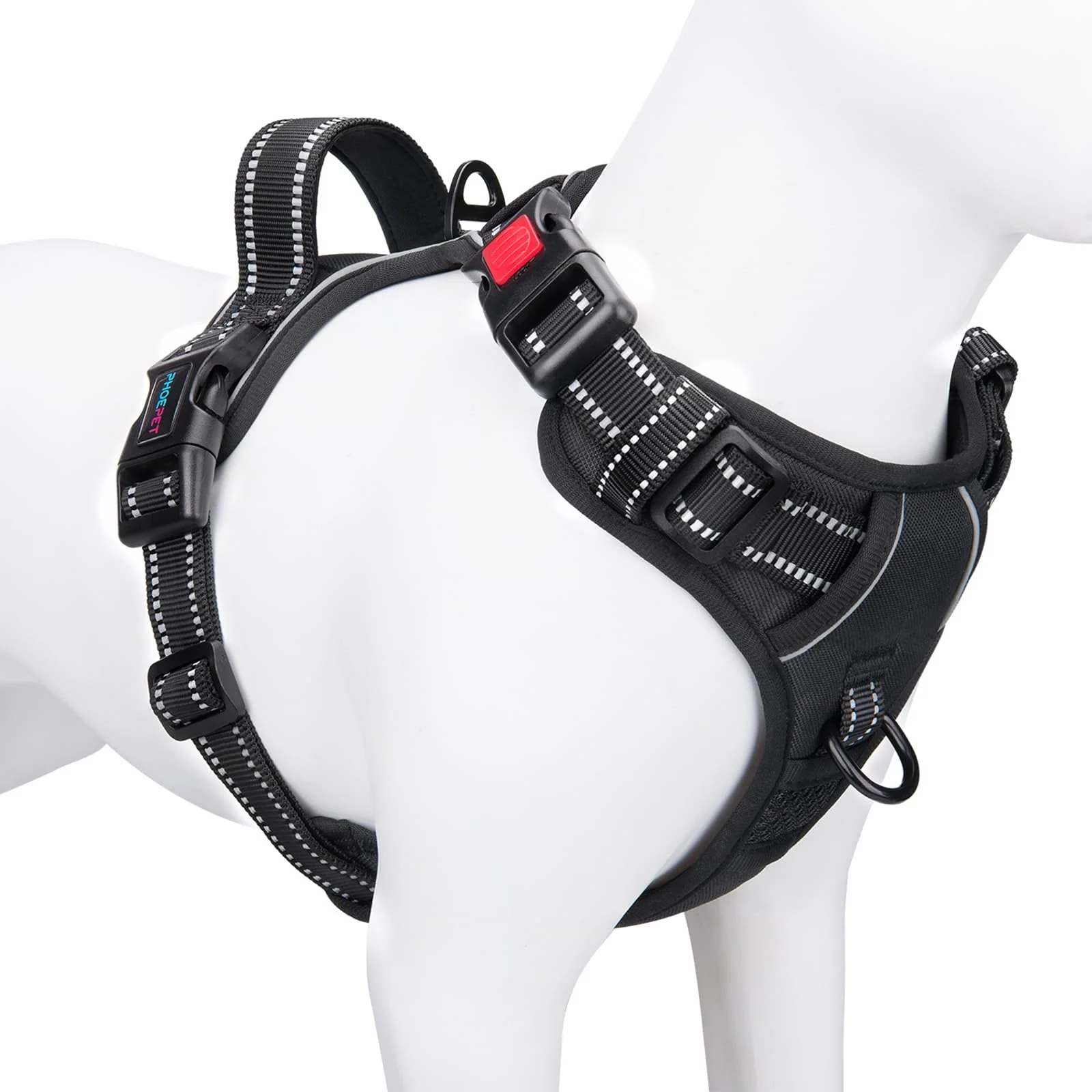 Proven PHOEPET Reflective Large Breed Harness - No-Pull Easy On Off 3 Buckles 2 Leash Rings Handle XL Black Innovative