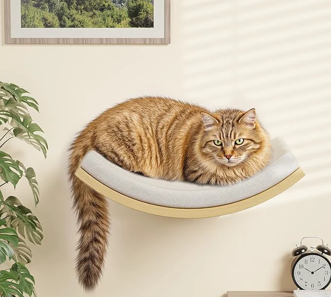 Dependable Cat Wall Shelf with Curved Hammock Bed Wall Mounted Cat Perch with Beige Soft Relaxed