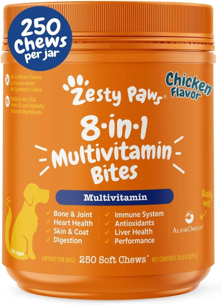 Eco-Friendly Zesty Paws Dog Multivitamin Chewable Dog Vitamins and Supplements for Hip Joints Skin Coat Omega 3 Fish Oil for Dogs- Senior Puppy Multivitamin - Chicken- 250ct Premium Material