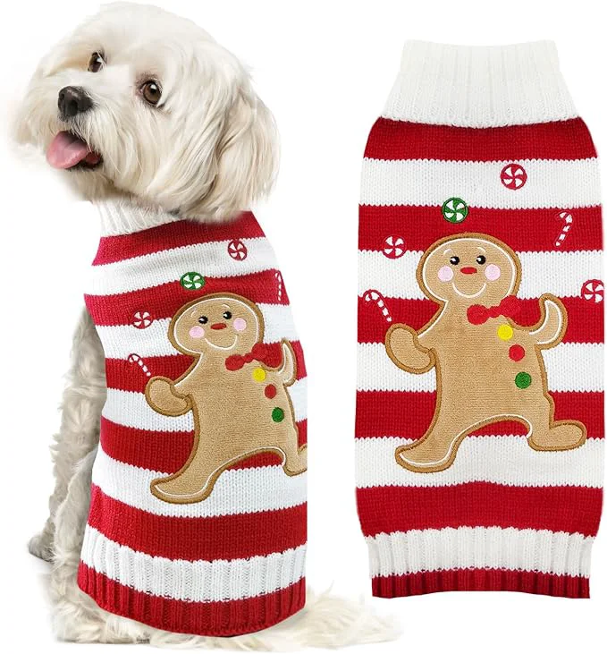 Environmentally Friendly Dog Christmas Sweater Xmas Pet Clothes Cute Striped Gingerbread Man Costume Sustainable