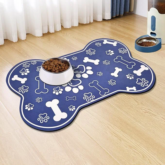 Certified Dog Cat Mat for Food and Water Rapid Absorbent Pet Feeding Mat Bone Shaped Green