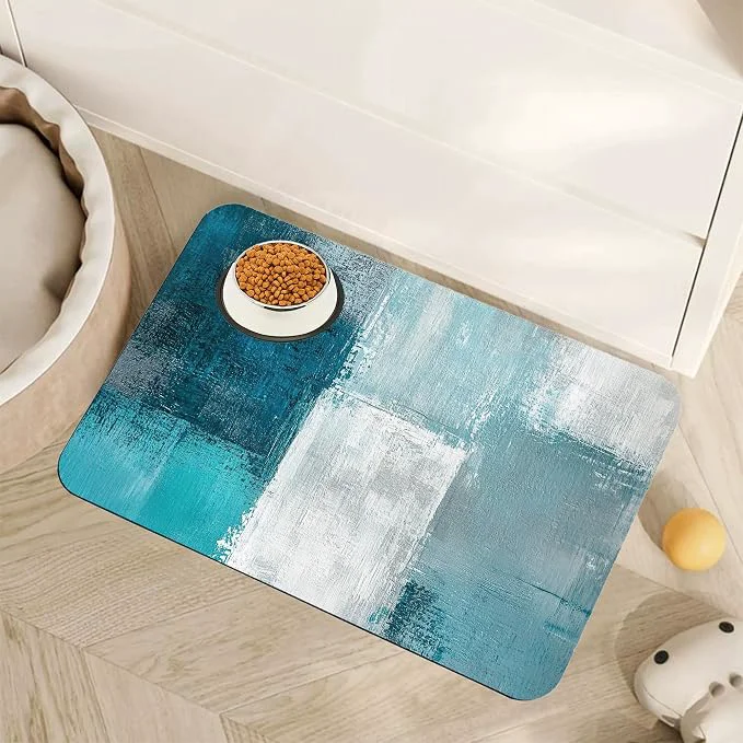 Secure Turquoise Grey Dog Cat Food Mat Teal Modern Art Absorbent Pet Feeding Mat Easy-to-Use