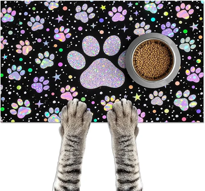 Trendy Pet Feedings Mats 20x12 inch Glitter Paw Print Pet Bowl Placemat Non Slip Mat Fast