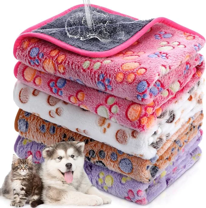 Pure Panelee 4 Pcs Waterproof Dog Blankets Washable Puppy Paw Print Fleece Blanket Contemporary