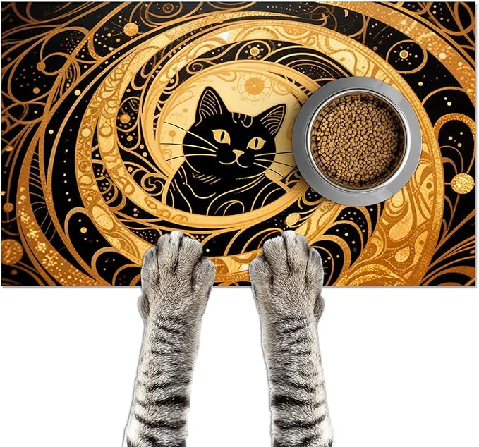 Stylish Cat Feedings Mats 20x12 inch Golden Cat Print Pet Bowl Placemat Non Slip Mat Pure