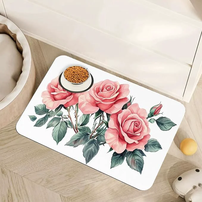 Fine Pink Rose Pet Feeding Mat Vintage Absorbent Quick-Dry Cat Dog Food and Water Quality