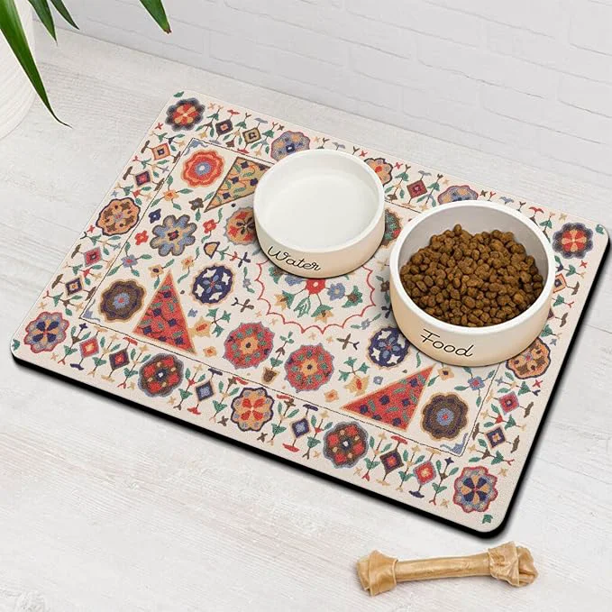 Next-Generation Moroccan Trellis Dog Food Water Mat Boho Colorful Vintage Pet Feeding Mat Powerful