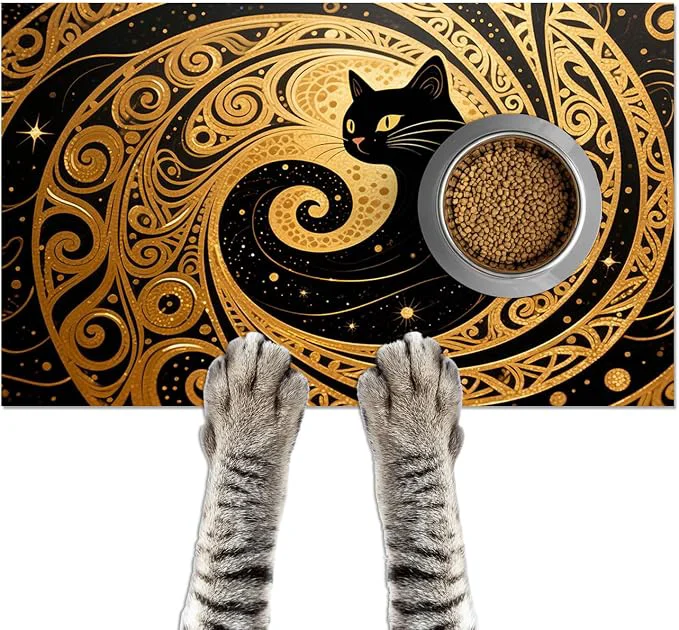 Soft Cat Feeding Mat 24x16 inch Gold Black Artistic Cat Print Pet Bowl Placemat Non Authentic
