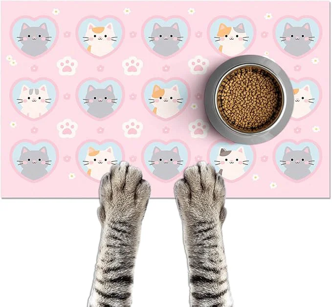 Modern Cat Feeding Mat 24x16 inch Pink Heart Kitten Print Pet Bowl Placemat Non Slip Safe