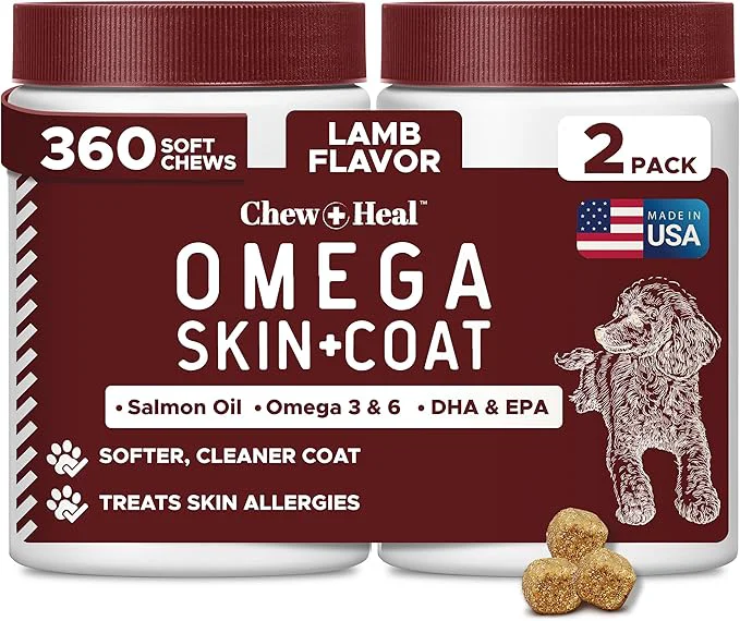 Clean Dog Skin and Coat Supplement -360 Soft Chew Omega Treats for Skin Allergies -Salmon Oil Blend of Essential Fatty Acids Omega 3 6 Vitamins Minerals -Made in USA 2 Packs of 180 Lamb Flavor About ThisOverview Original Design