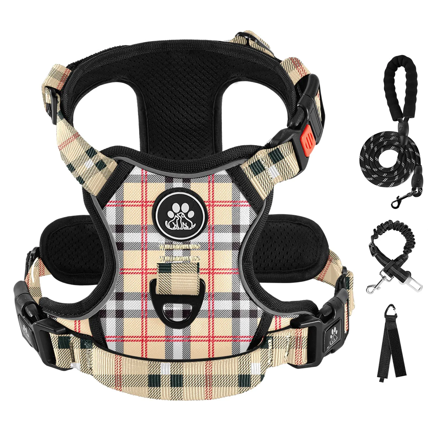 Sustainable IVY LANE No-Pull Dog Harness with Leash Set — Reflective Adjustable Checkered Beige Pure