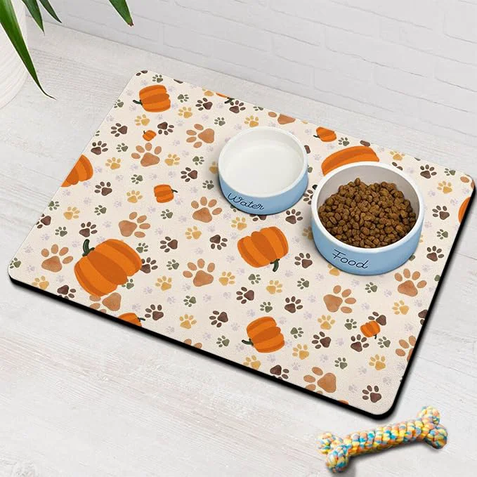 Luxury Fall Pumpkin Dog Food Water Mat Paw Prints Autumn Pet Feeding Mat High-Performance