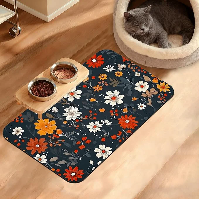 Classic Floral Black Feeding Mat Absorbent Quick-Dry Cat Dog Food and Water Bowl Mats Eco-Friendly