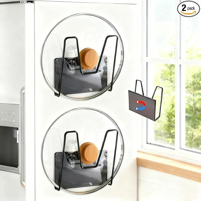 Dependable Magnetic Pot Lid Holder for Refrigerator 2 Pack Strong Magnetic Pot Lid Organizer for Cutting Board Baking Tray Pan Covers Stainless Steel Moveable Kitchen Storage Rack-BlackAbout ThisOverview Responsible