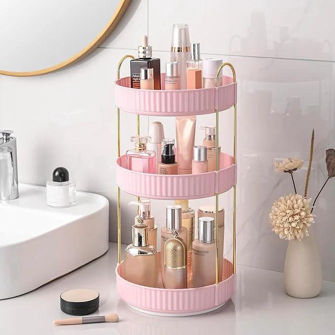 Comfortable Aveniee 360 Rotating Makeup Organizer for Vanity Skincare Perfume Organizers Large Spinning Bathroom Counter Shelf Holder for Cosmetics Skin Care Lipsticks 3 Tiers Pink Next-Generation