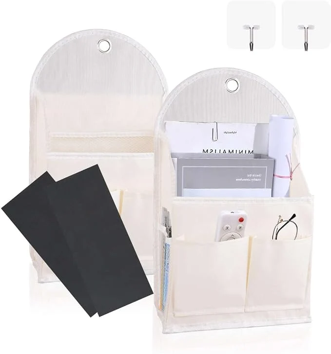 Selected 2 Pack Wall Hanging Storage Bag with Pocket Fabric Organizer Basket with Sticky Hook Over the Door Caddy Organizer Box for Closet Dormitory Bedroom Bathroom Kitchen Beige About ThisOverview Refined
